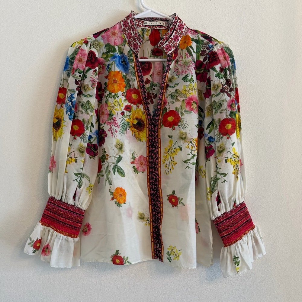 Alice + Olivia Ilan Smocked Cream Floral Long Sleeve Bohemian Blouse